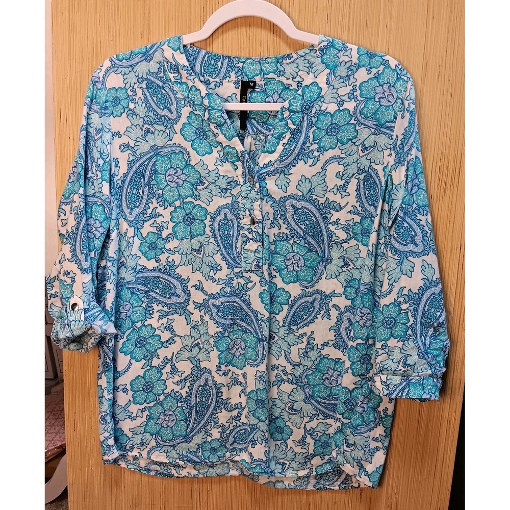 CATHY Sz M Aqua Blue Floral/Paisley Linen Blend Print Tunic Style‎ Top Roll Tab